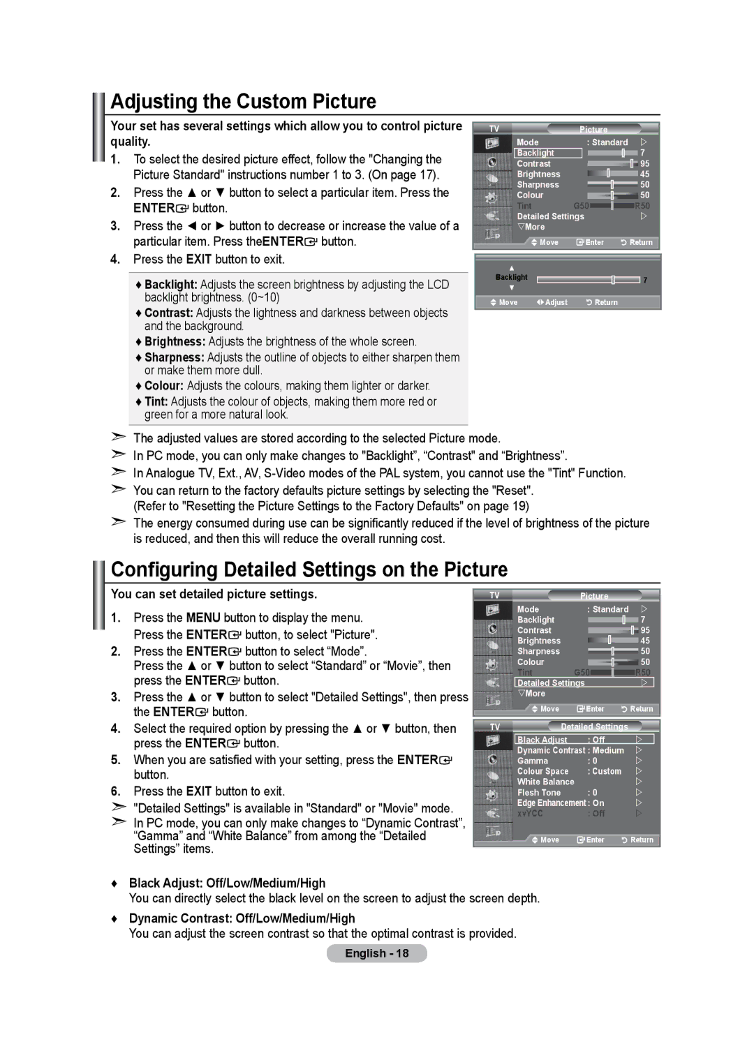 Samsung BN68-01684A-00 user manual Adjusting the Custom Picture, Configuring Detailed Settings on the Picture 