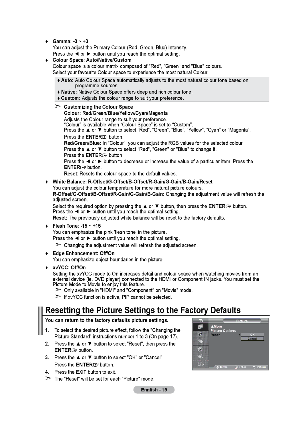 Samsung BN68-01684A-00 user manual Resetting the Picture Settings to the Factory Defaults 