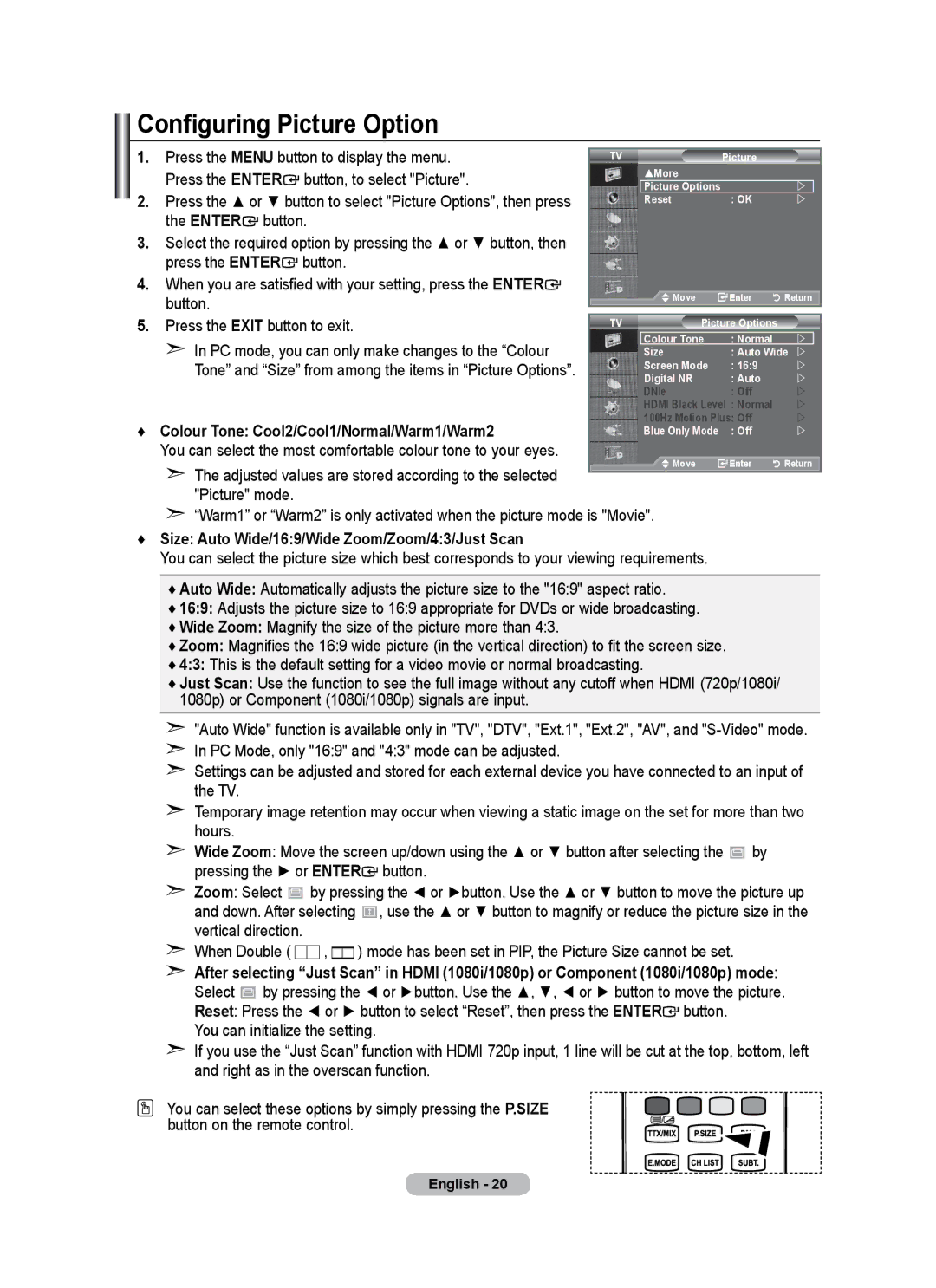 Samsung BN68-01684A-00 user manual Configuring Picture Option, Enter, Size Auto Wide/169/Wide Zoom/Zoom/43/Just Scan 