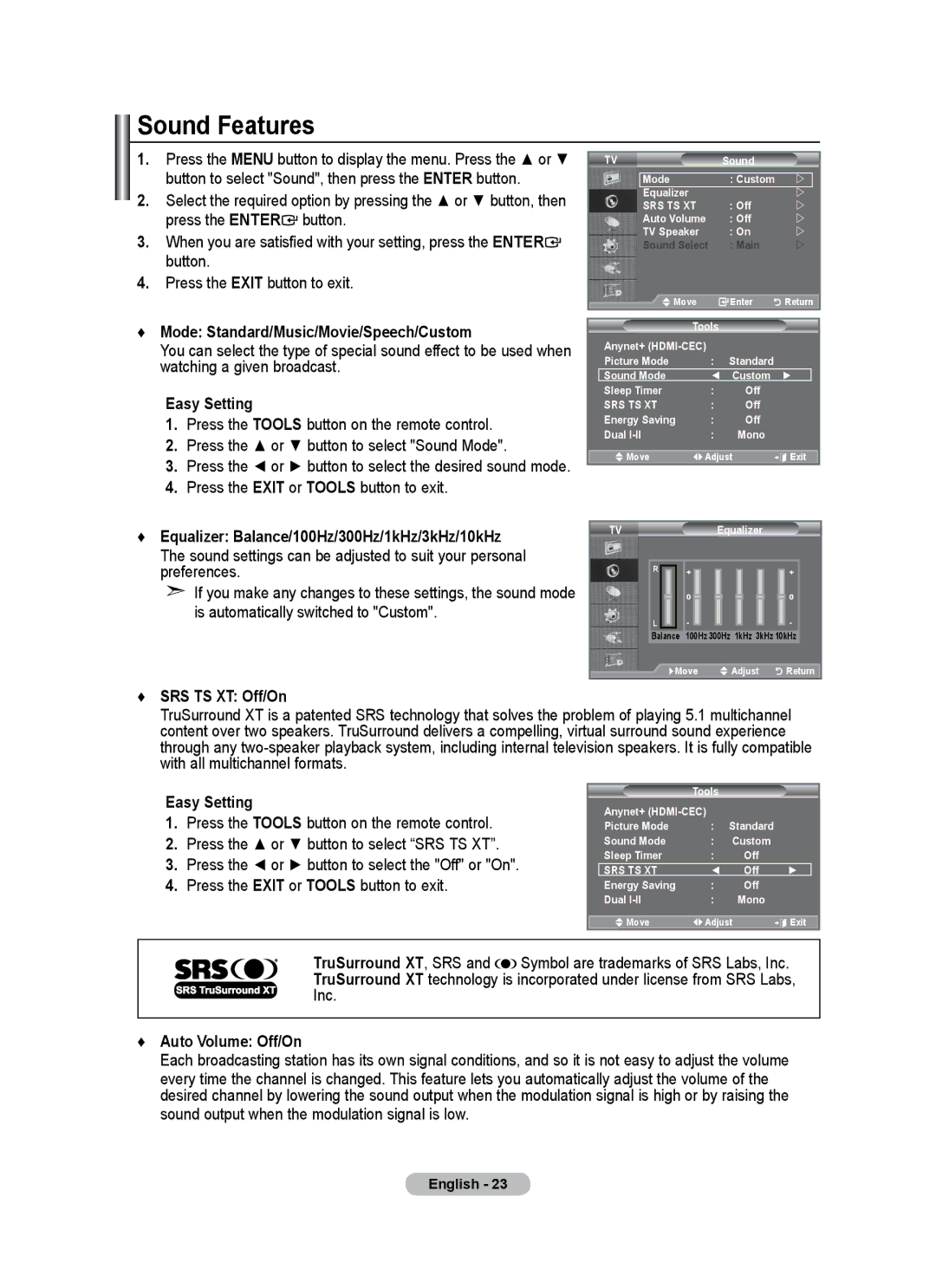 Samsung BN68-01684A-00 Sound Features, Mode Standard/Music/Movie/Speech/Custom, SRS TS XT Off/On, Auto Volume Off/On 