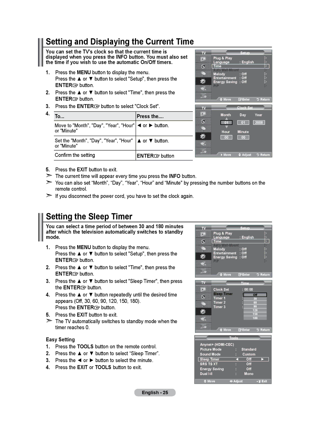 Samsung BN68-01684A-00 user manual Setting and Displaying the Current Time, Setting the Sleep Timer, Press, Enter button 