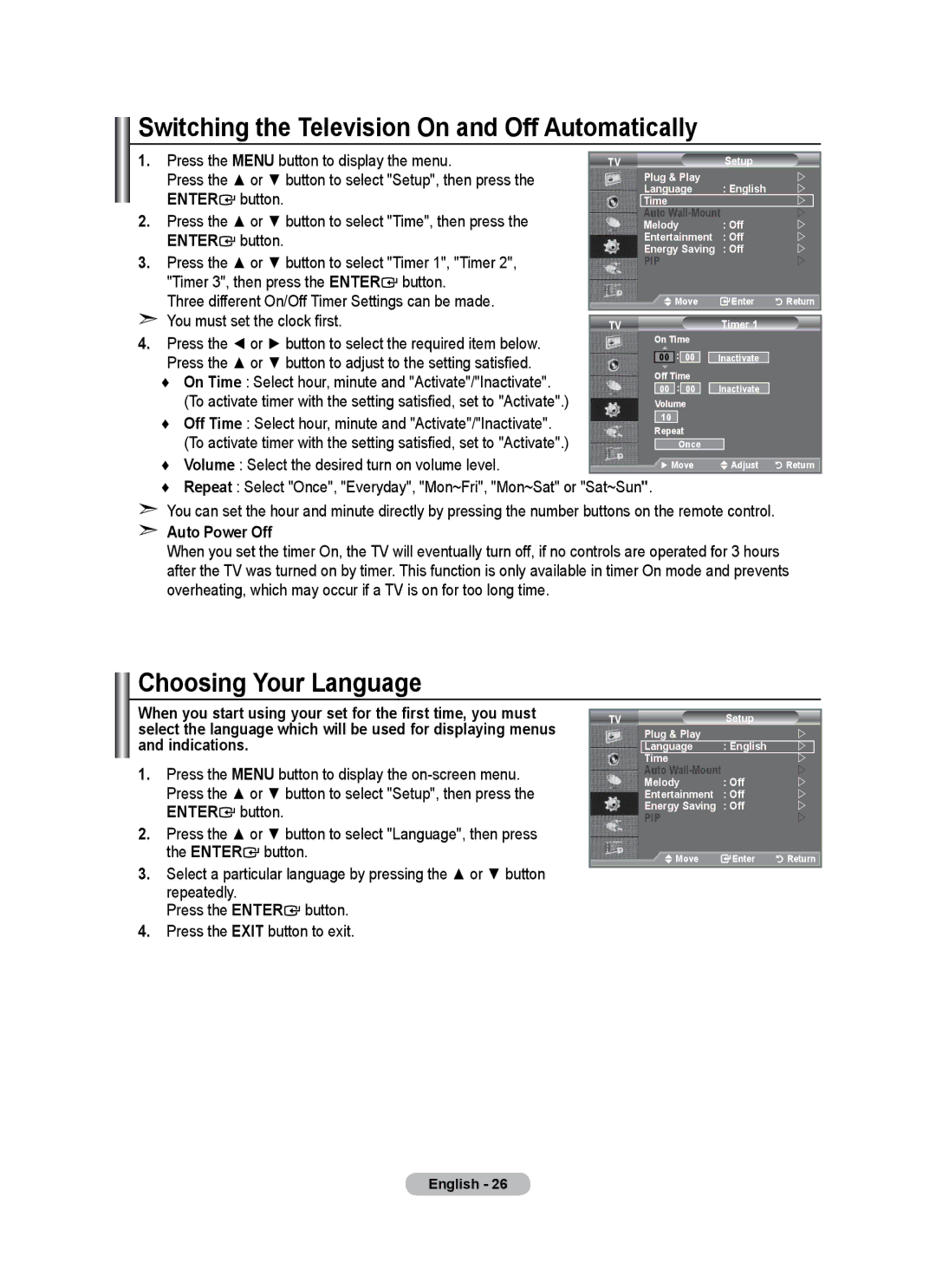 Samsung BN68-01684A-00 Switching the Television On and Off Automatically, Choosing Your Language, Auto Power Off 