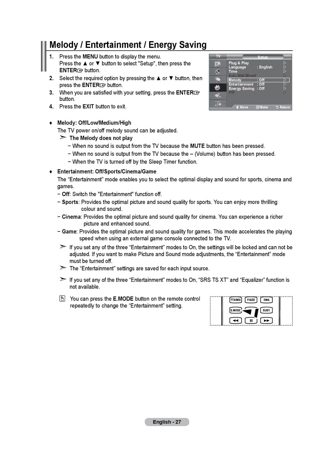 Samsung BN68-01684A-00 user manual Melody / Entertainment / Energy Saving, Melody Off/Low/Medium/High, Melody does not play 