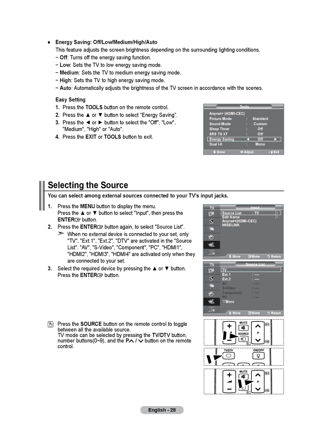 Samsung BN68-01684A-00 user manual Selecting the Source, Energy Saving Off/Low/Medium/High/Auto 