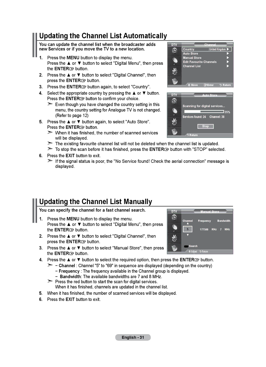 Samsung BN68-01684A-00 user manual Updating the Channel List Manually, New Services or if you move the TV to a new location 