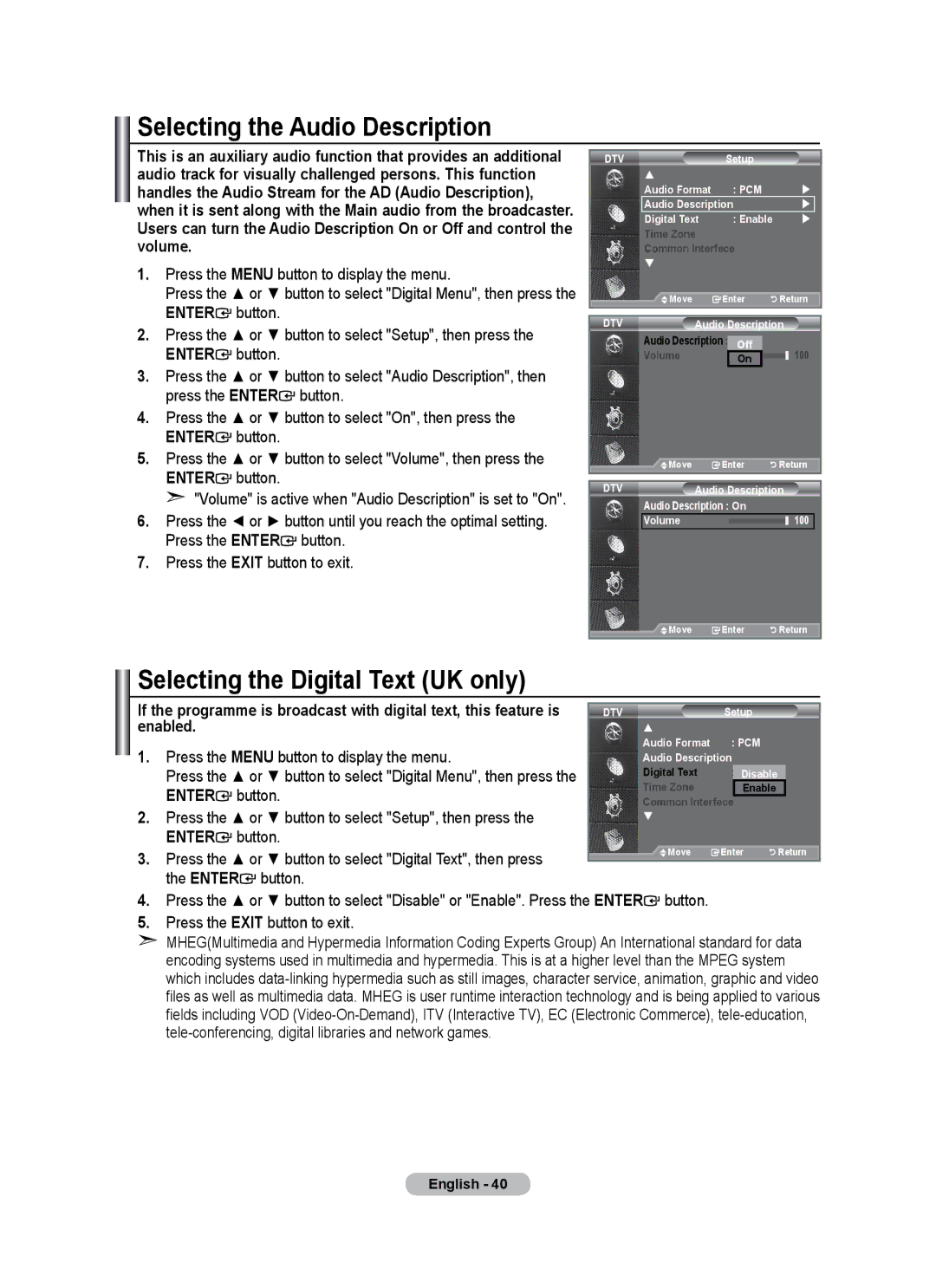 Samsung BN68-01684A-00 user manual Selecting the Audio Description, Selecting the Digital Text UK only 