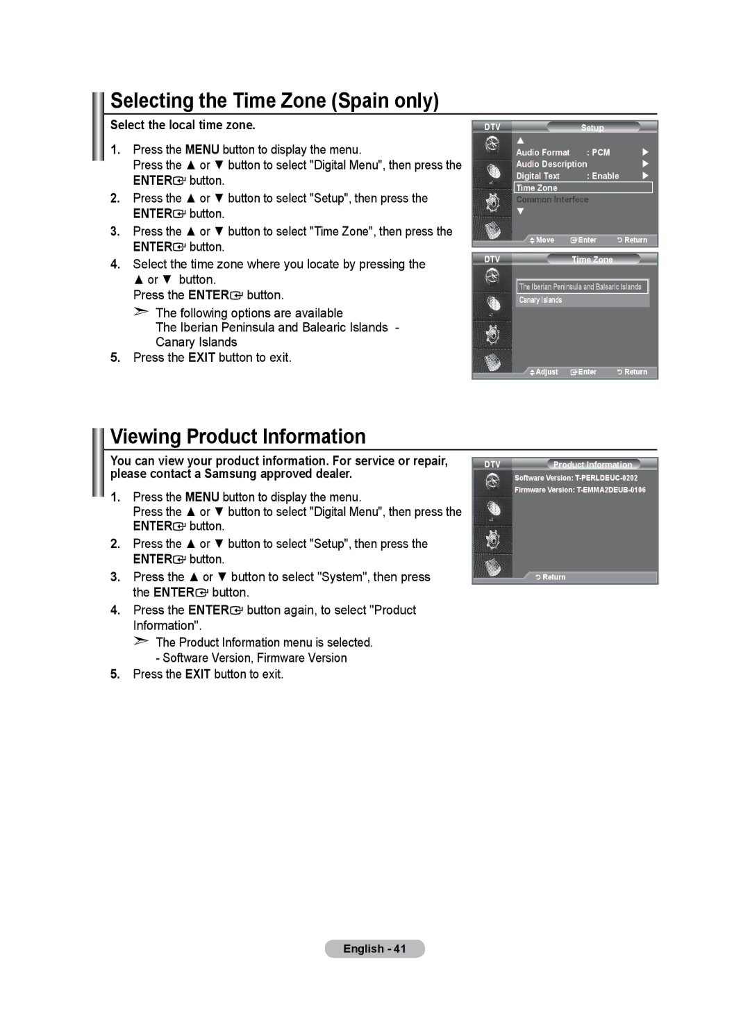 Samsung BN68-01684A-00 Selecting the Time Zone Spain only, Viewing Product Information, Select the local time zone 