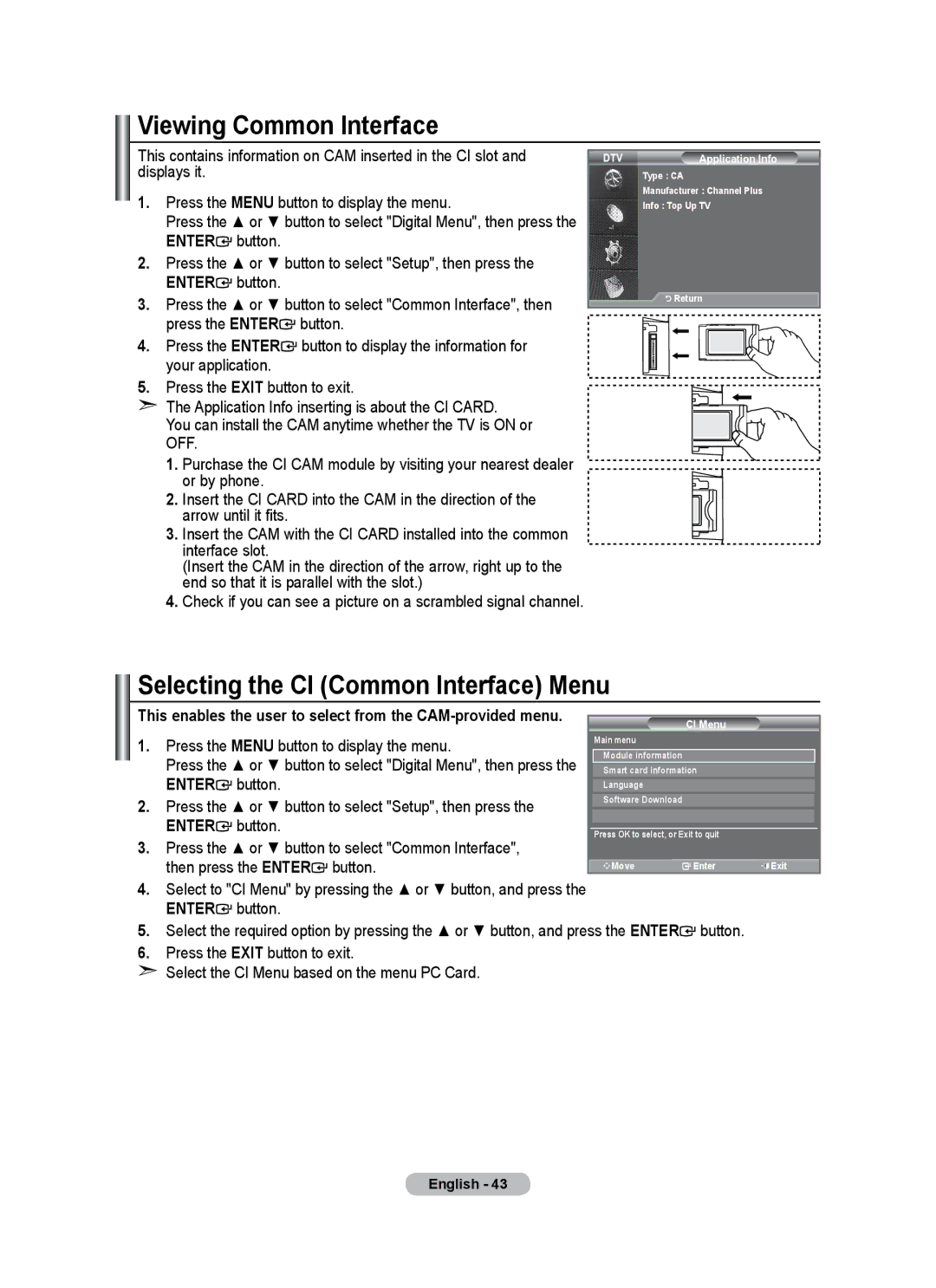 Samsung BN68-01684A-00 user manual Viewing Common Interface, Selecting the CI Common Interface Menu 