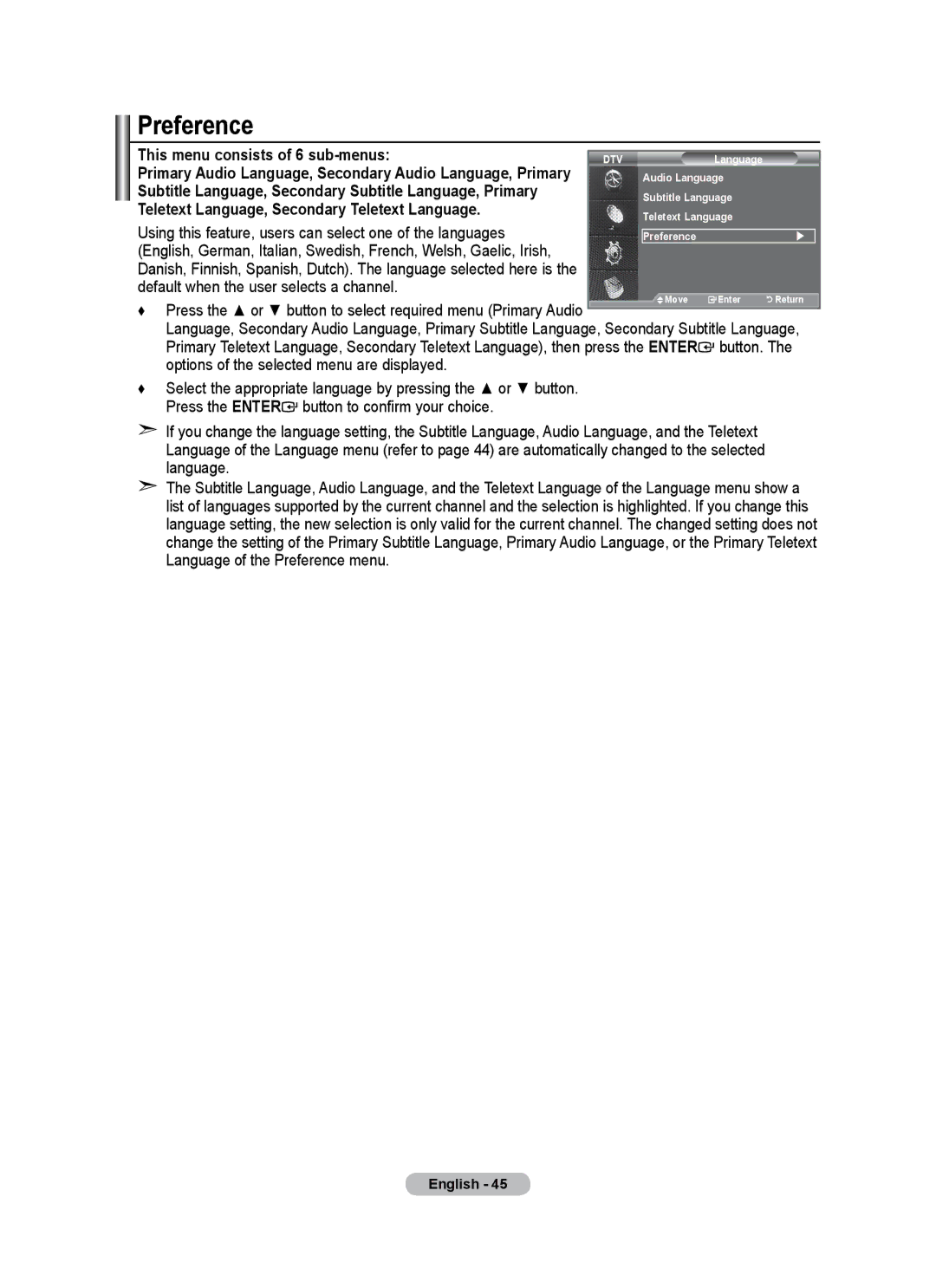 Samsung BN68-01684A-00 user manual Preference, This menu consists of 6 sub-menus 