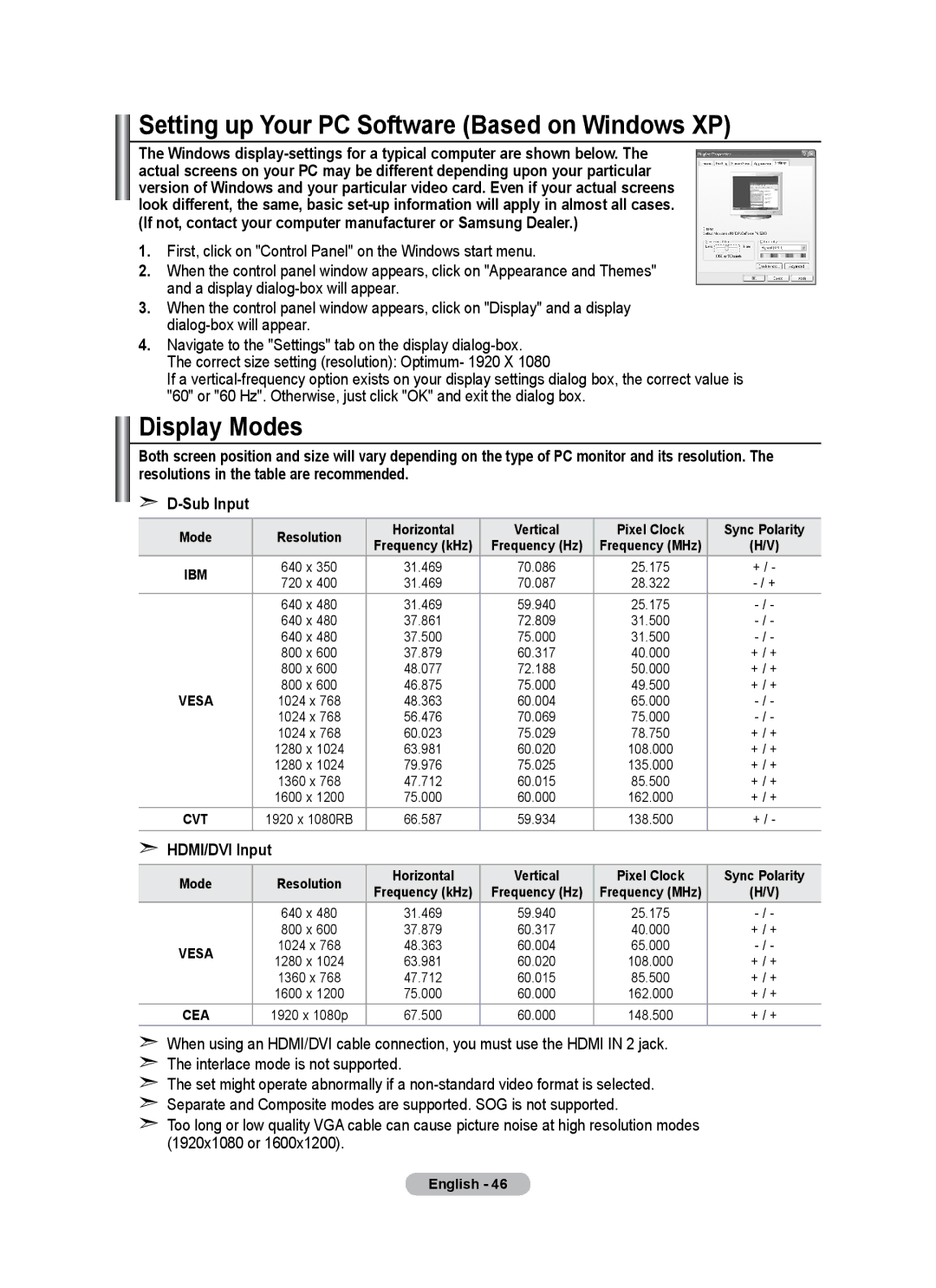 Samsung BN68-01684A-00 user manual Setting up Your PC Software Based on Windows XP, Display Modes, HDMI/DVI Input 