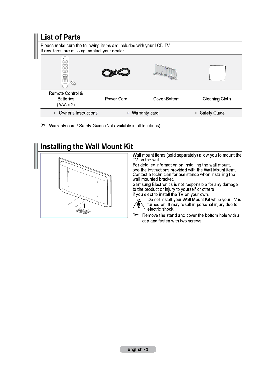 Samsung BN68-01684A-00 user manual List of Parts, Installing the Wall Mount Kit, Power Cord Cover-Bottom Cleaning Cloth 