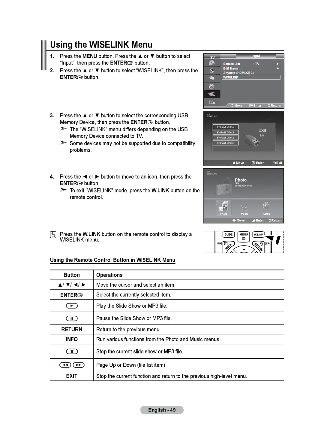 Samsung BN68-01684A-00 user manual Using the Wiselink Menu, Input, then press the Enter button, Operations 