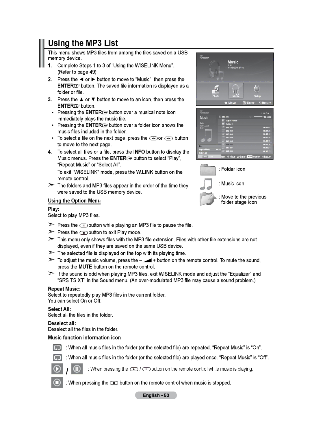 Samsung BN68-01684A-00 Using the MP3 List, Using the Option Menu Play, Repeat Music, Music function information icon 