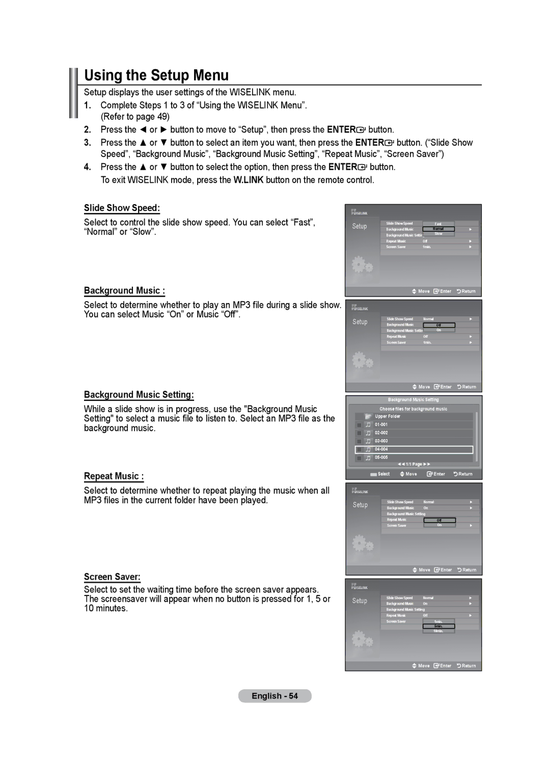 Samsung BN68-01684A-00 user manual Using the Setup Menu, Screen Saver 