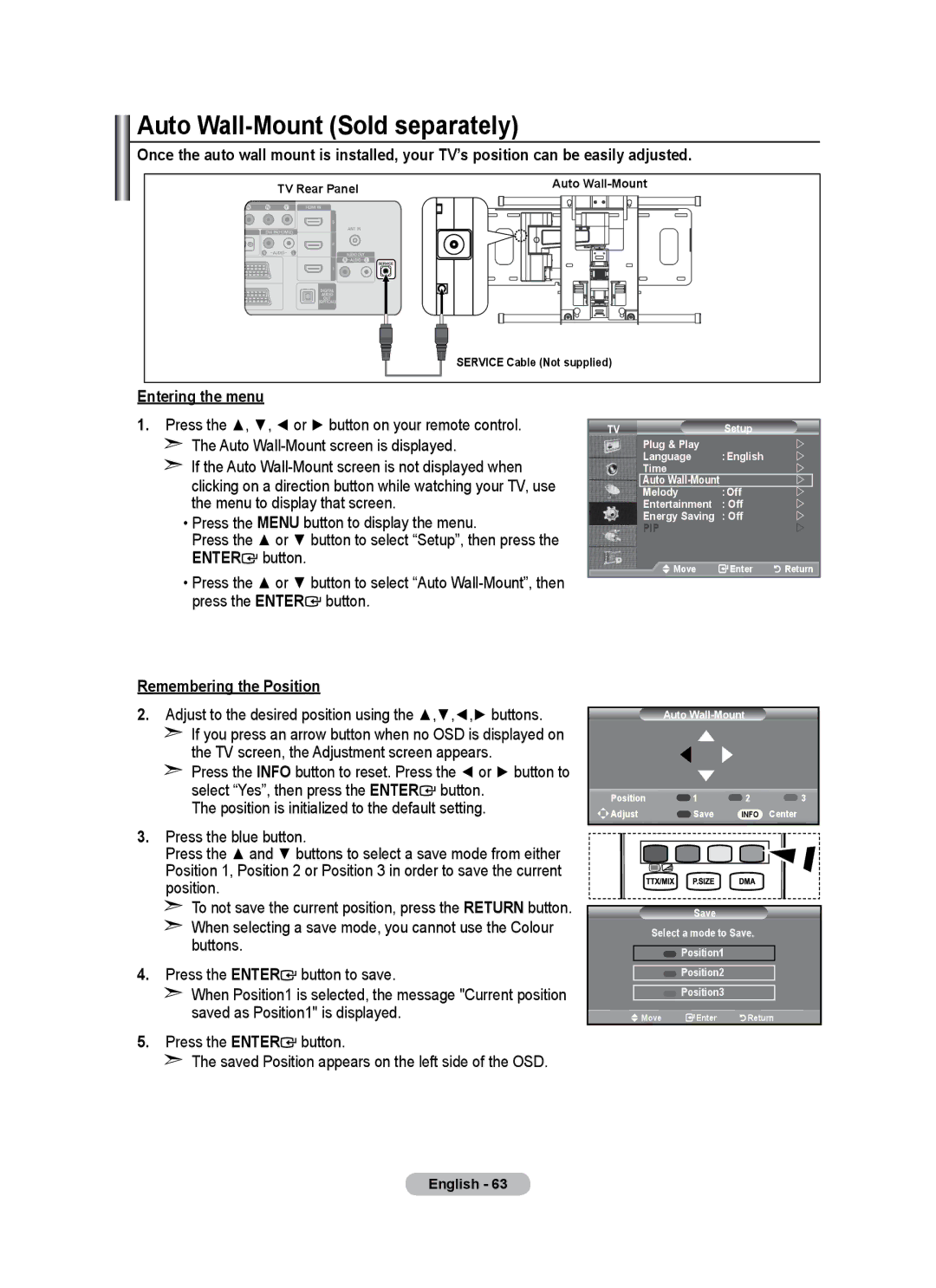 Samsung BN68-01684A-00 user manual Auto Wall-Mount Sold separately, Entering the menu, Remembering the Position 