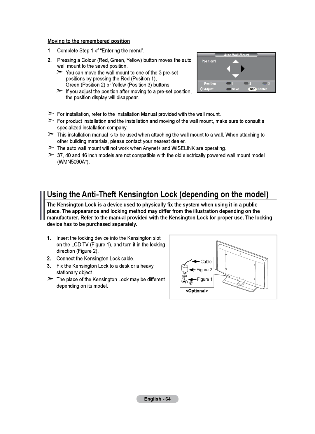 Samsung BN68-01684A-00 Using the Anti-Theft Kensington Lock depending on the model, Moving to the remembered position 