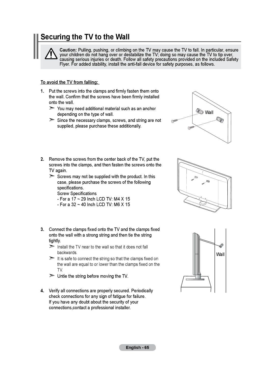 Samsung BN68-01684A-00 Securing the TV to the Wall, To avoid the TV from falling, Untie the string before moving the TV 