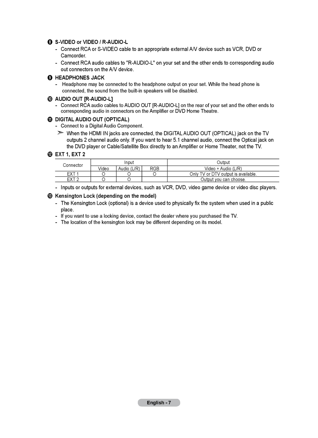 Samsung BN68-01684A-00 user manual Video or Video / R-AUDIO-L, @ EXT 1, EXT, # Kensington Lock depending on the model 