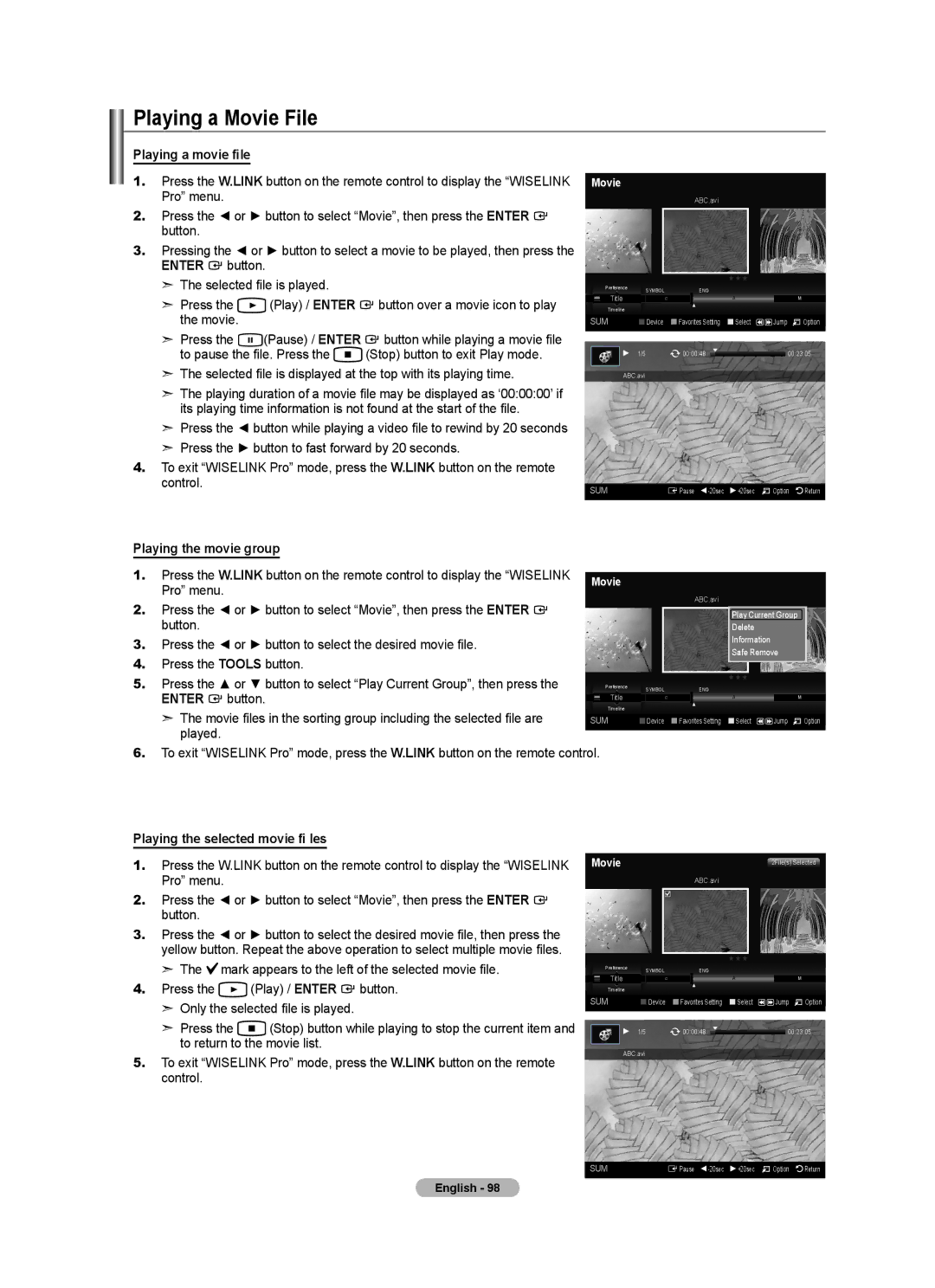 Samsung BN68-01691A-02 user manual Playing a Movie File, Playing a movie file, Playing the movie group 