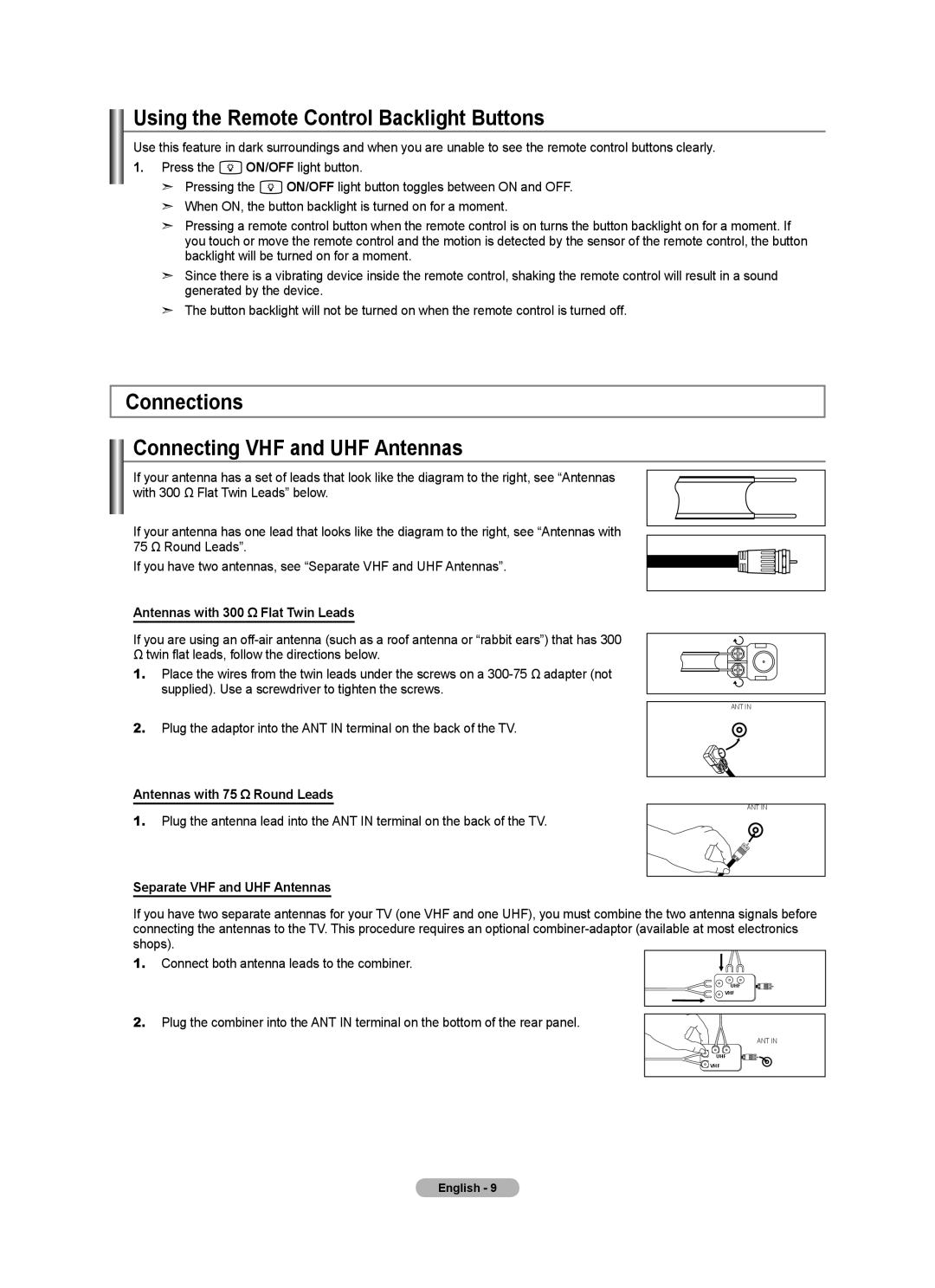 Samsung BN68-01691A-02 user manual Using the Remote Control Backlight Buttons, Connections Connecting VHF and UHF Antennas 