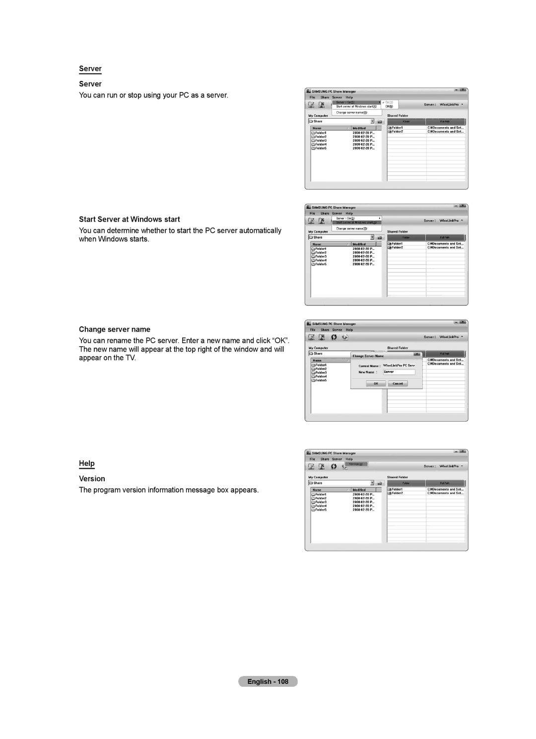 Samsung BN68-01691A-02 user manual Start Server at Windows start, Change server name, Help Version 