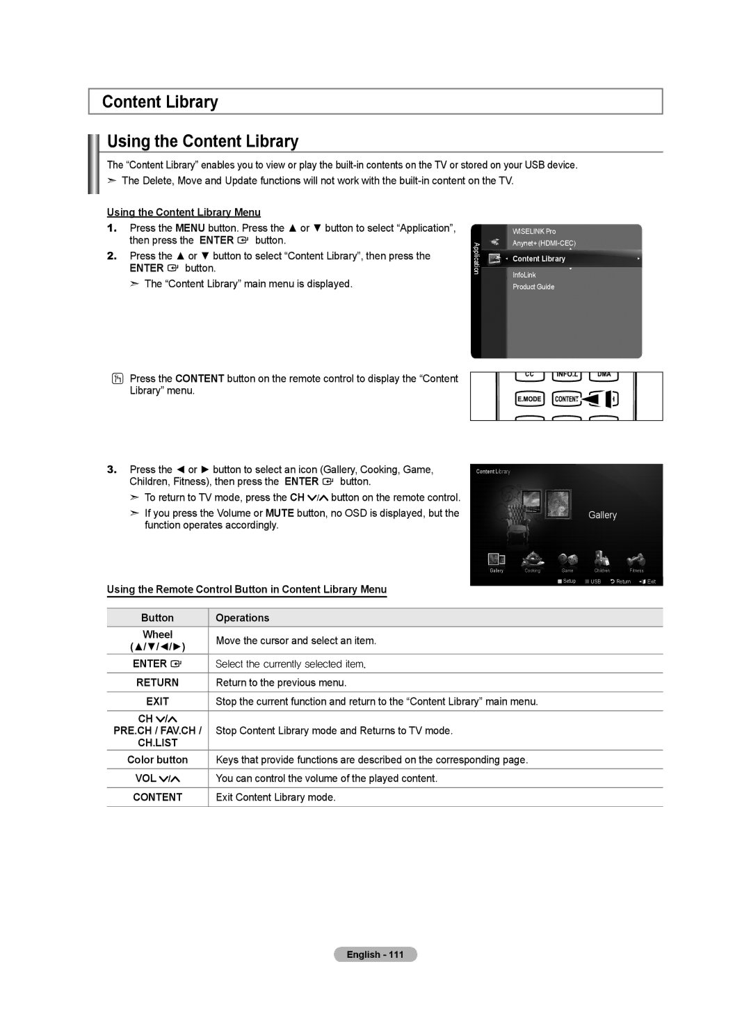 Samsung BN68-01691A-02 Content Library Using the Content Library, Using the Content Library Menu, Button Operations 