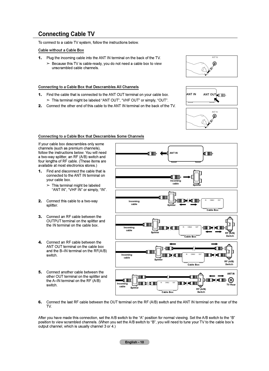 Samsung BN68-01691A-02 user manual Connecting Cable TV, Cable without a Cable Box, Connect this cable to a two-way splitter 