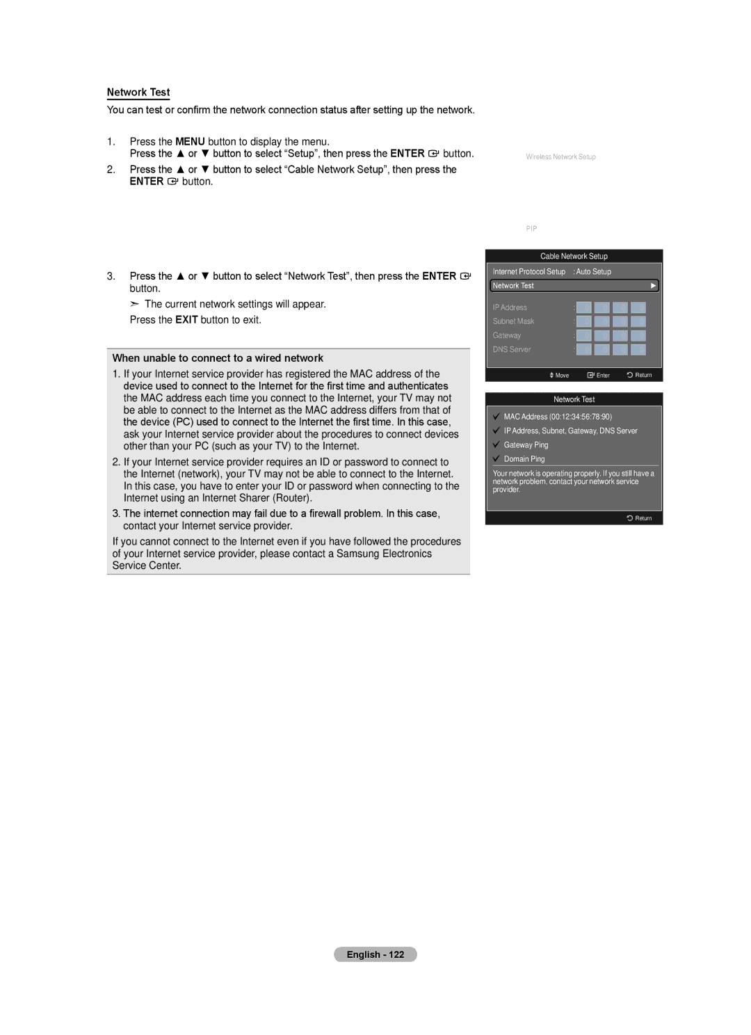 Samsung BN68-01691A-02 user manual Network Test, When unable to connect to a wired network 