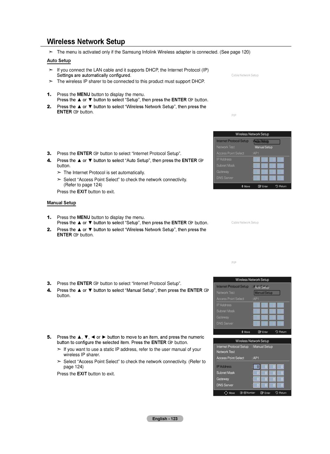 Samsung BN68-01691A-02 user manual Wireless Network Setup, Settings are automatically configured 