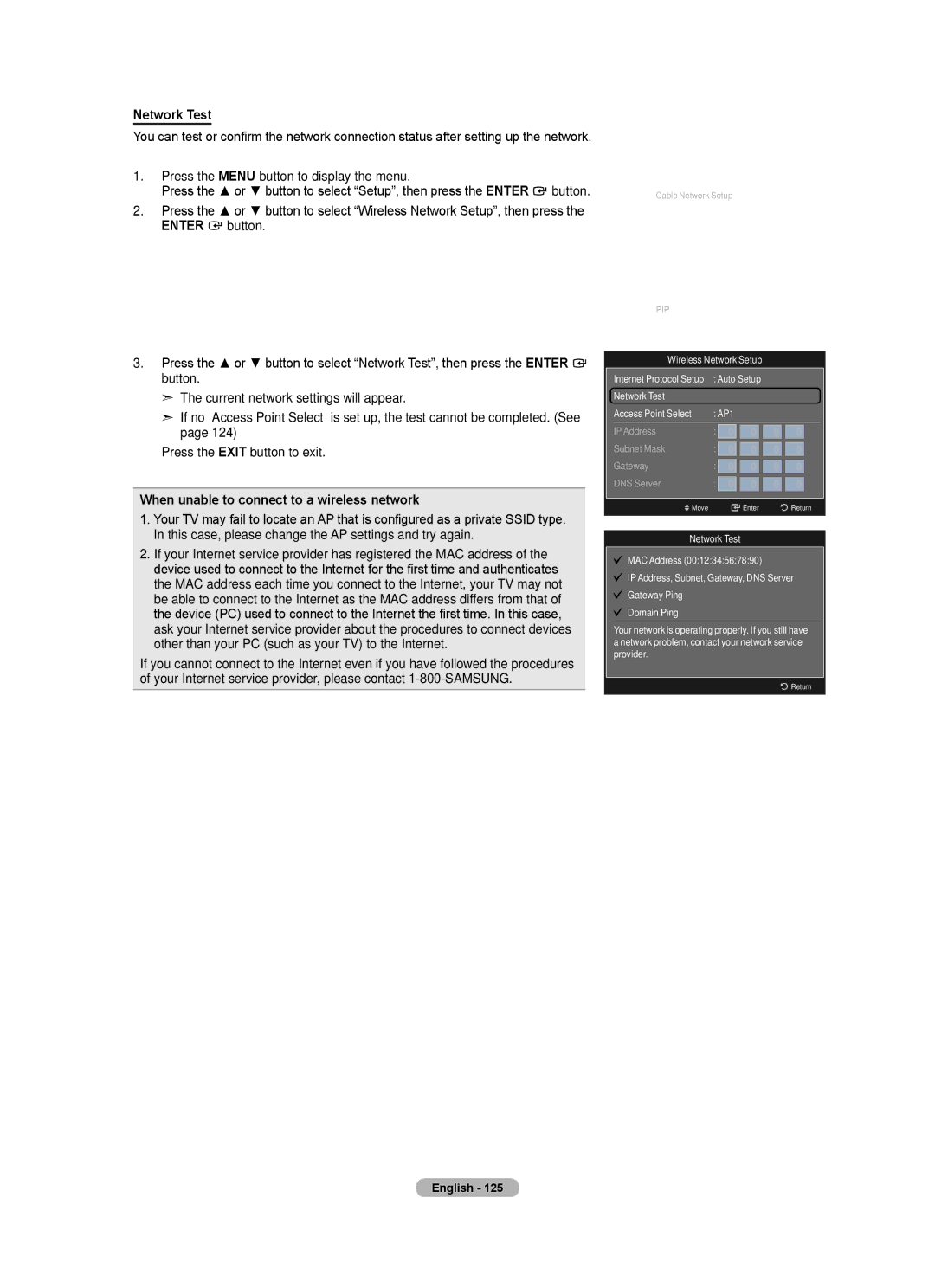 Samsung BN68-01691A-02 user manual Network Test, When unable to connect to a wireless network 