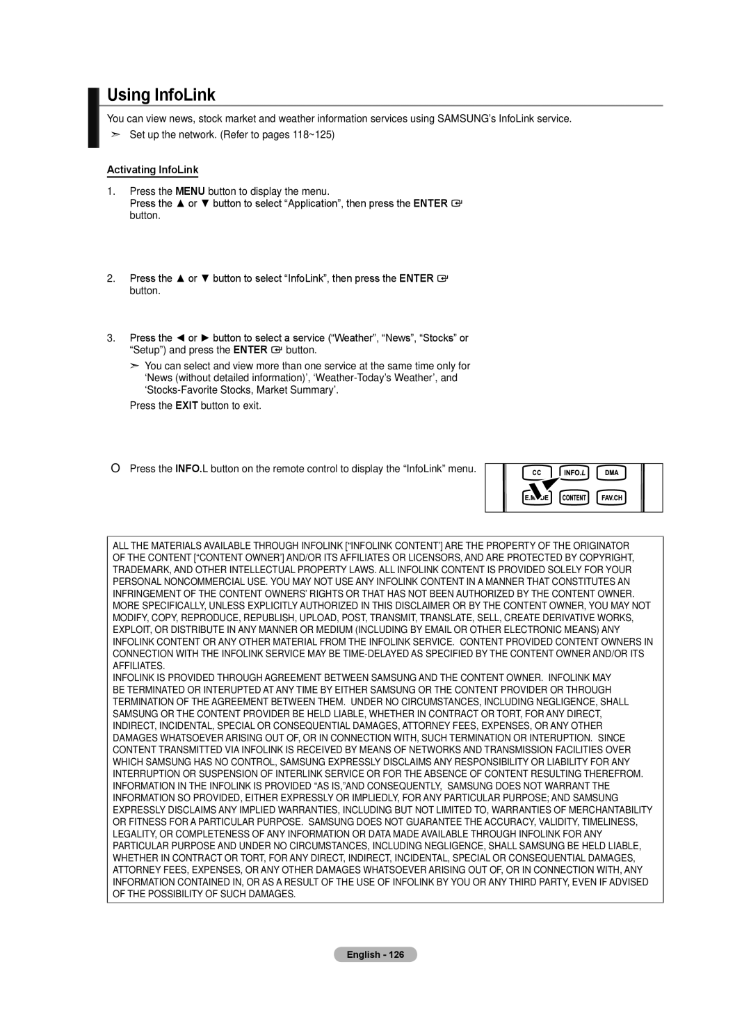 Samsung BN68-01691A-02 user manual Using InfoLink, Activating InfoLink 