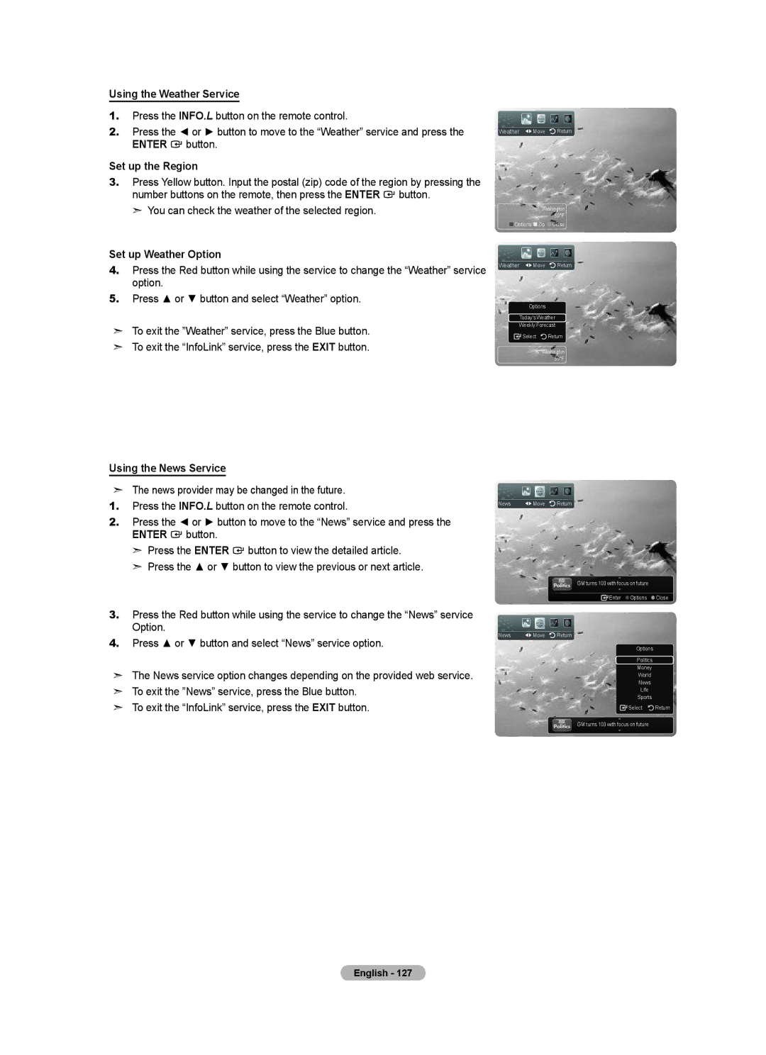 Samsung BN68-01691A-02 Using the Weather Service, Set up the Region, You can check the weather of the selected region 