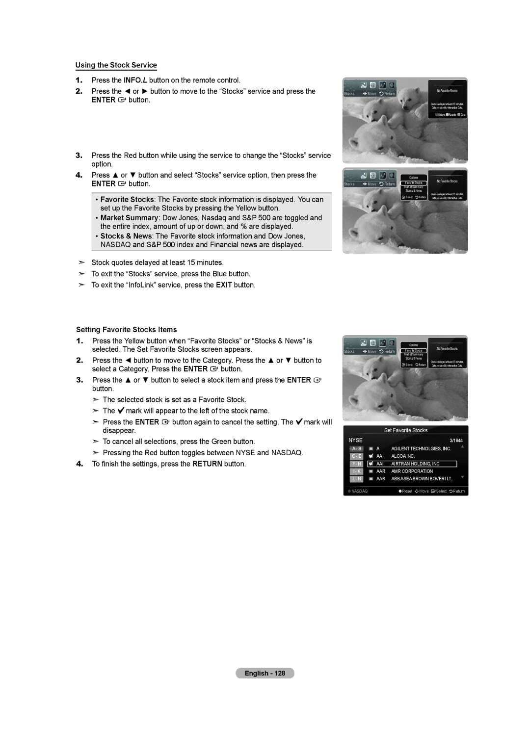 Samsung BN68-01691A-02 user manual Using the Stock Service, Setting Favorite Stocks Items 