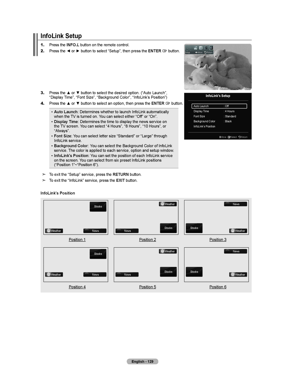 Samsung BN68-01691A-02 user manual InfoLink Setup, InfoLink’s Position 