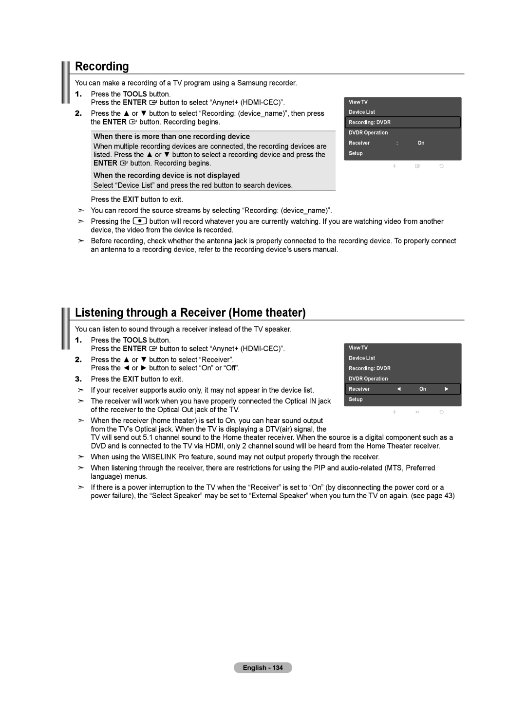 Samsung BN68-01691A-02 Recording, Listening through a Receiver Home theater, When there is more than one recording device 