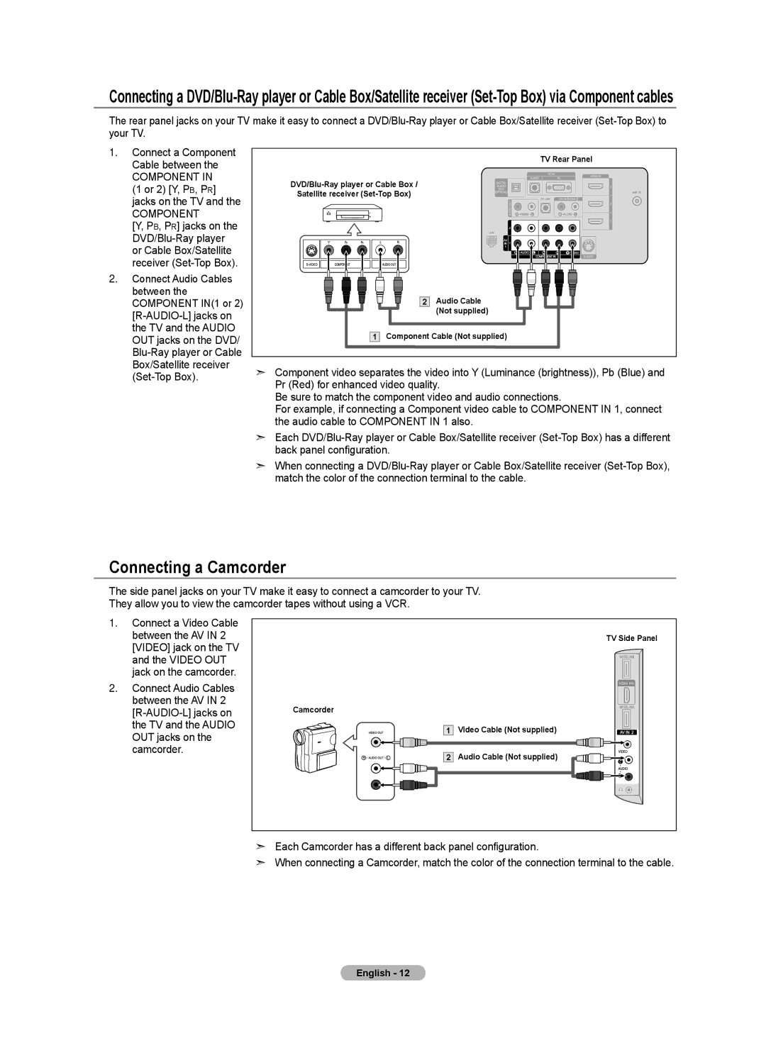 Samsung BN68-01691A-02 user manual Connecting a Camcorder, Component in 1 or 2 Y, PB, PR jacks on the TV, OUT jacks on 