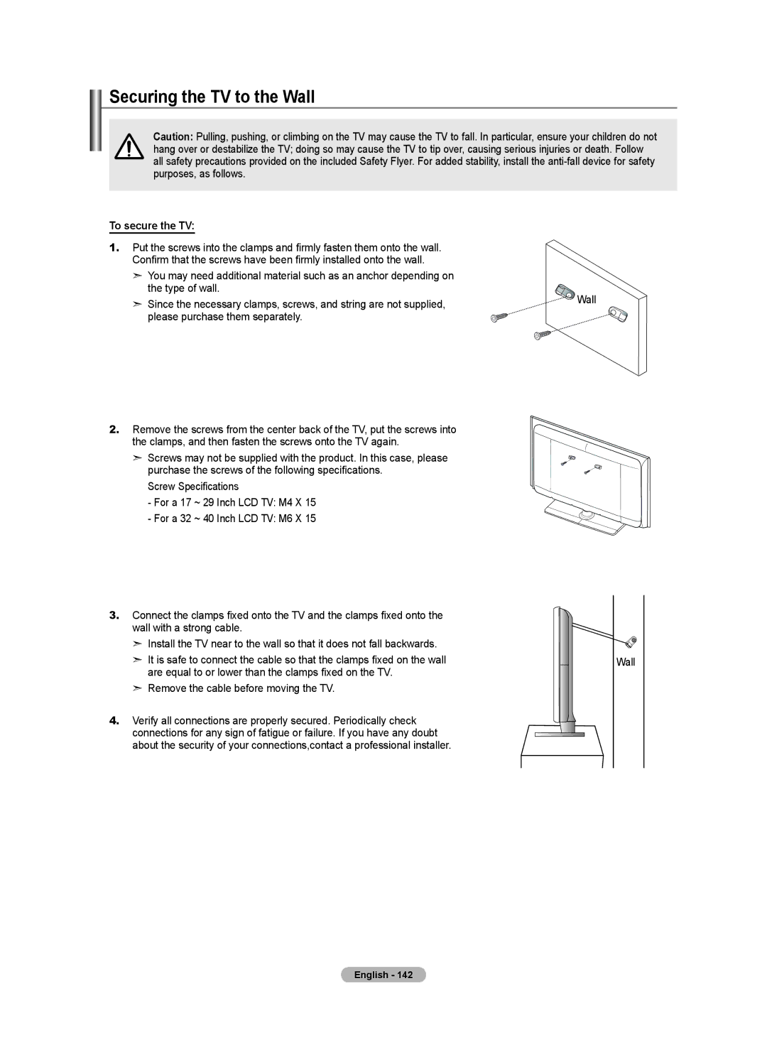 Samsung BN68-01691A-02 user manual Securing the TV to the Wall, To secure the TV, Please purchase them separately 