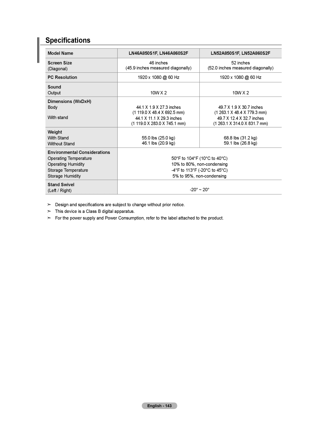 Samsung BN68-01691A-02 user manual Specifications 