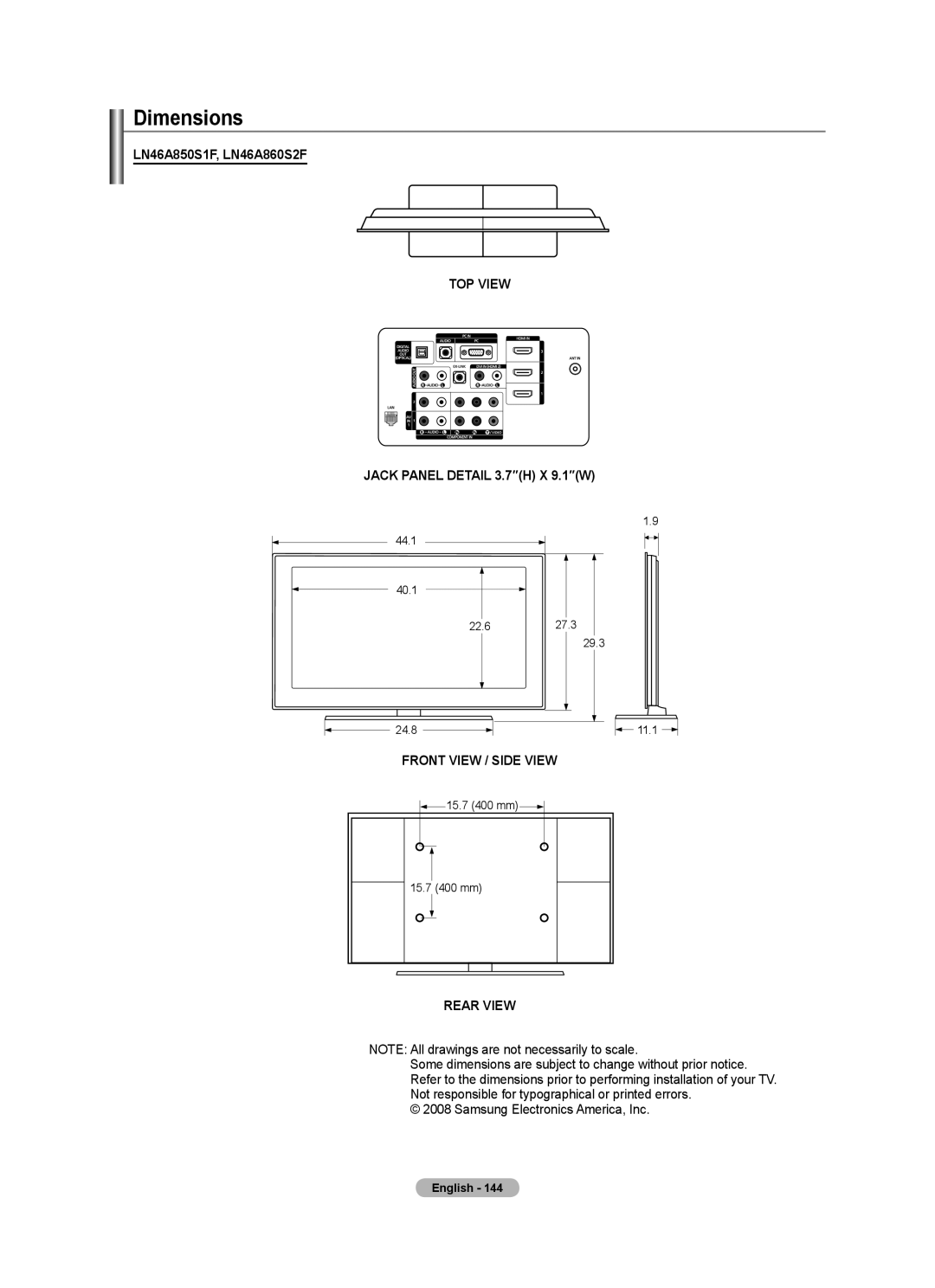 Samsung BN68-01691A-02 user manual Dimensions, Rear View 