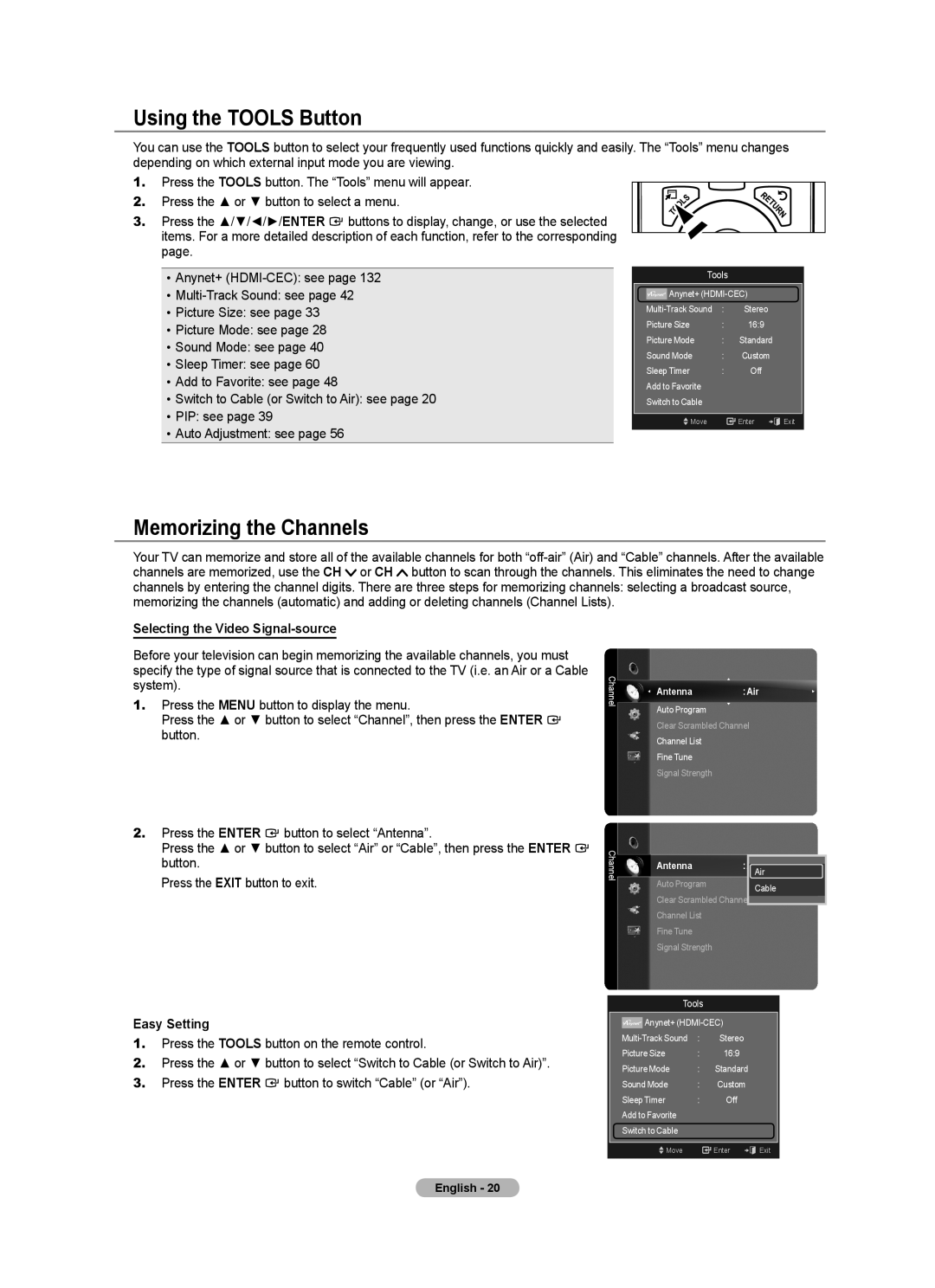 Samsung BN68-01691A-02 Using the Tools Button, Memorizing the Channels, Selecting the Video Signal-source, Easy Setting 