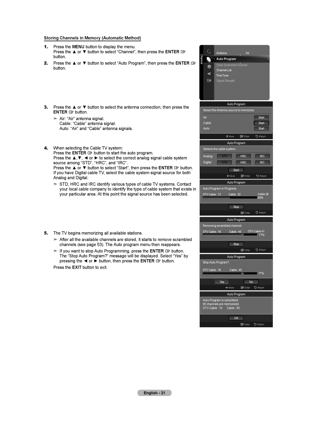 Samsung BN68-01691A-02 user manual Storing Channels in Memory Automatic Method, TV begins memorizing all available stations 