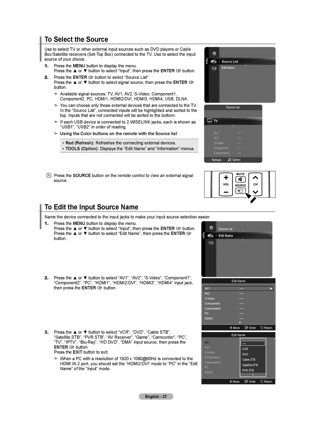 Samsung BN68-01691A-02 user manual To Select the Source, To Edit the Input Source Name, Edit Name 