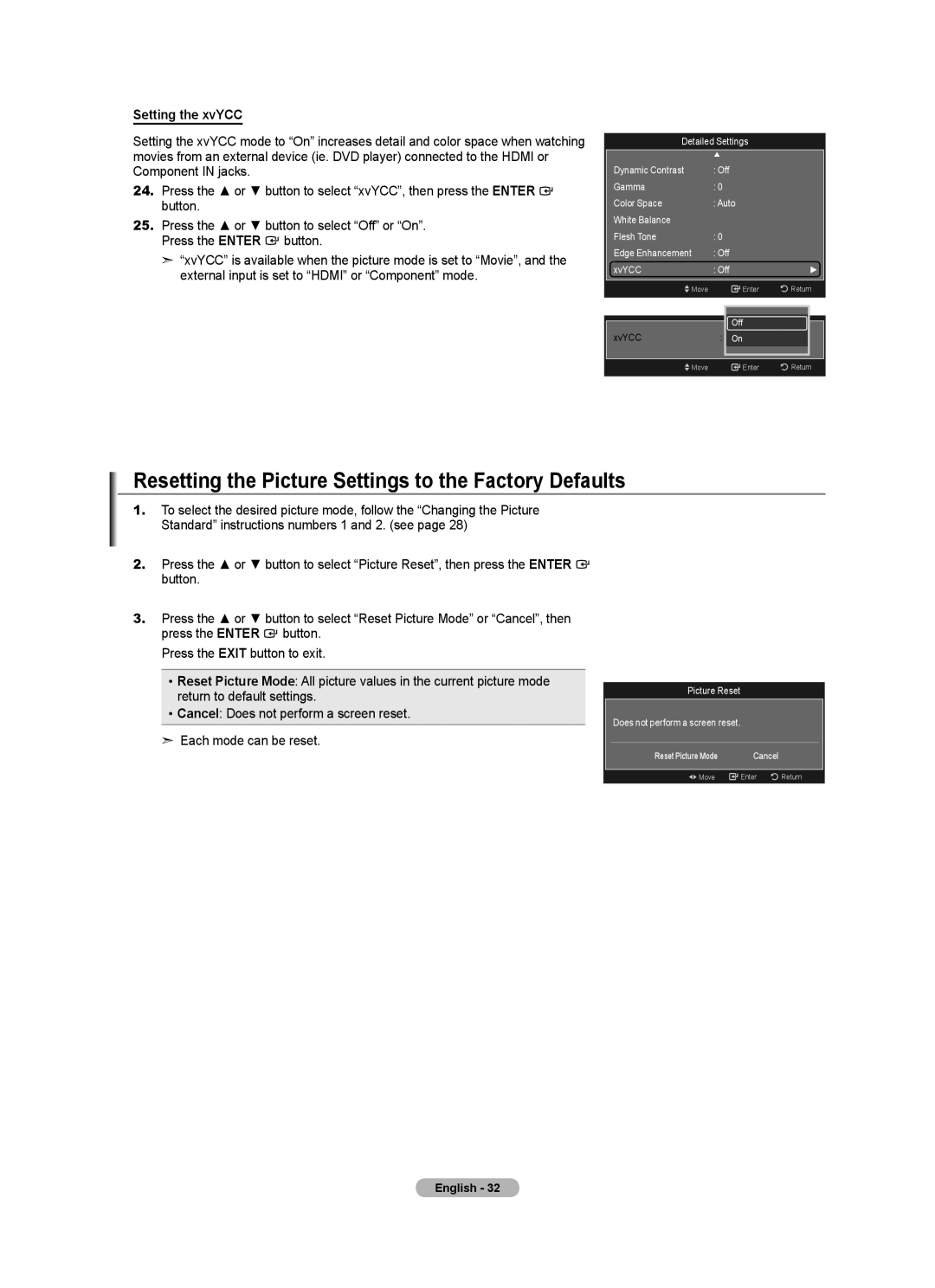 Samsung BN68-01691A-02 user manual Resetting the Picture Settings to the Factory Defaults, Setting the xvYCC 