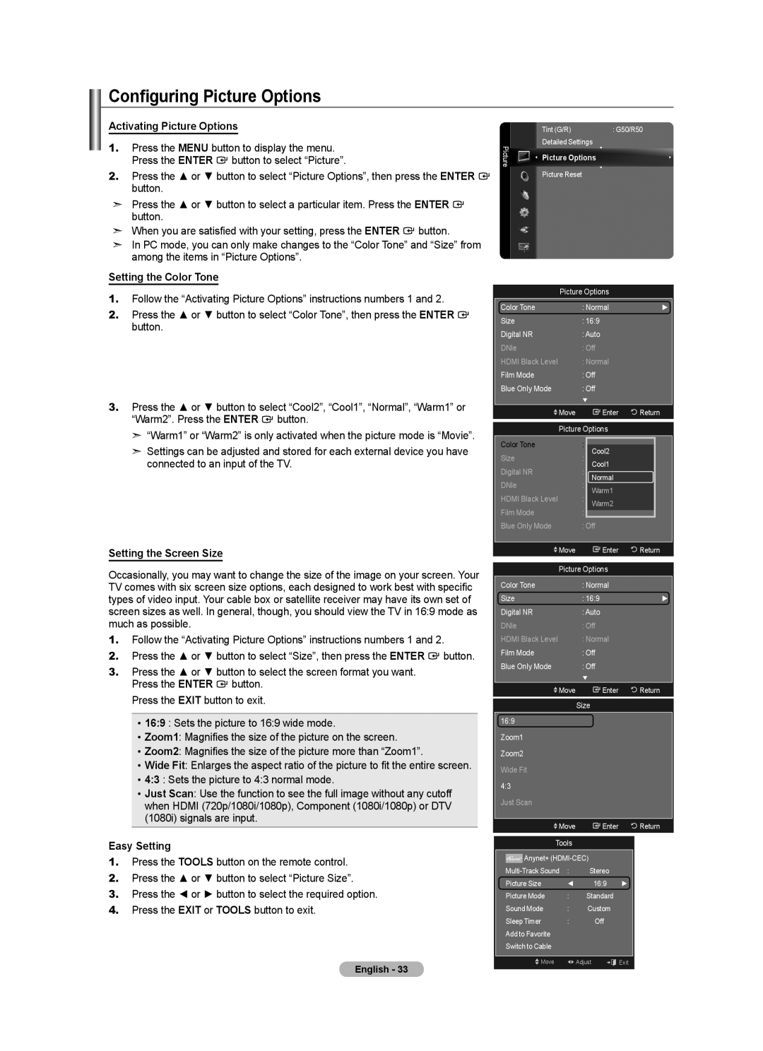 Samsung BN68-01691A-02 user manual Configuring Picture Options, Activating Picture Options, Setting the Color Tone 