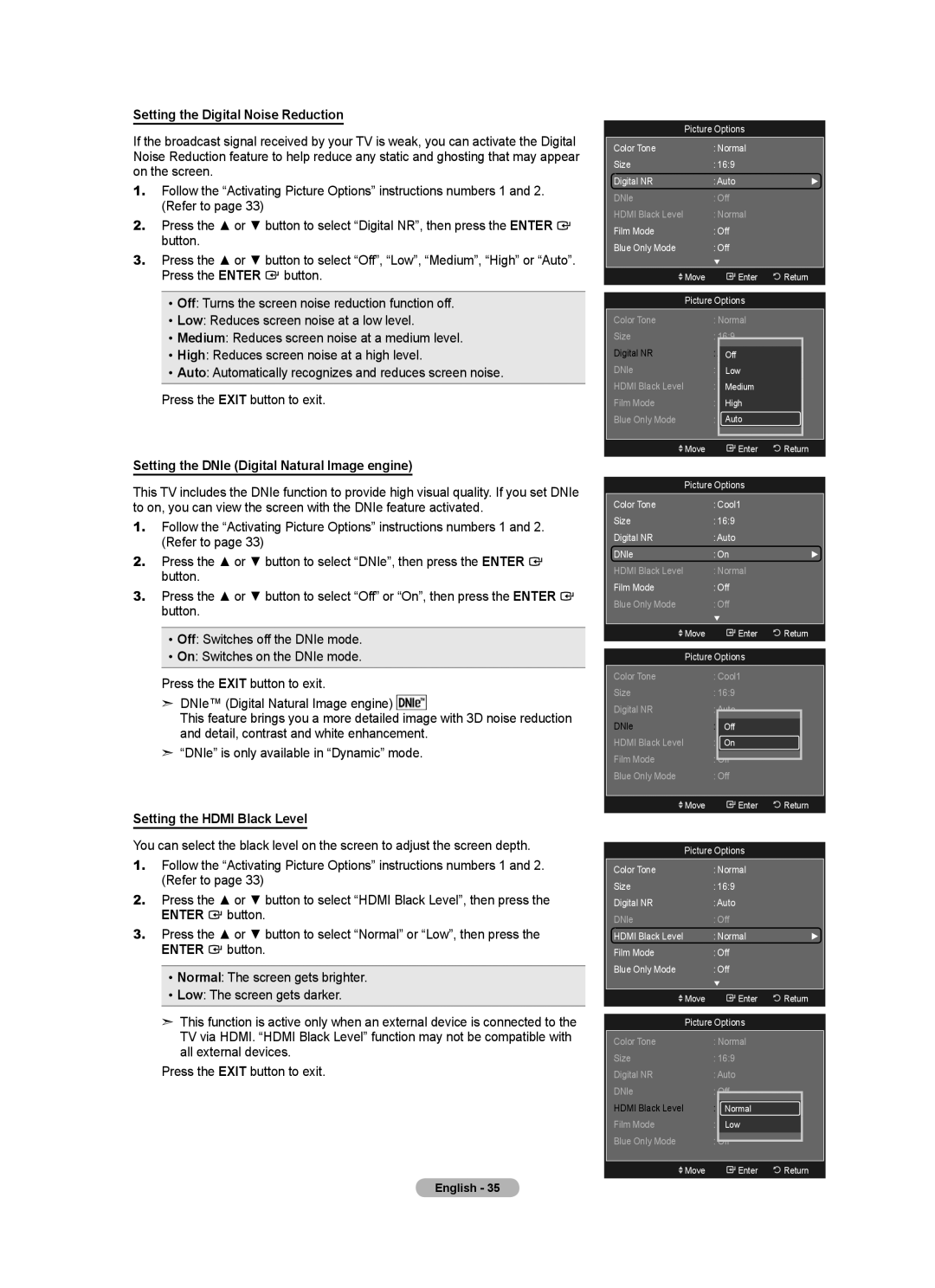 Samsung BN68-01691A-02 user manual Setting the Digital Noise Reduction, Setting the DNIe Digital Natural Image engine 