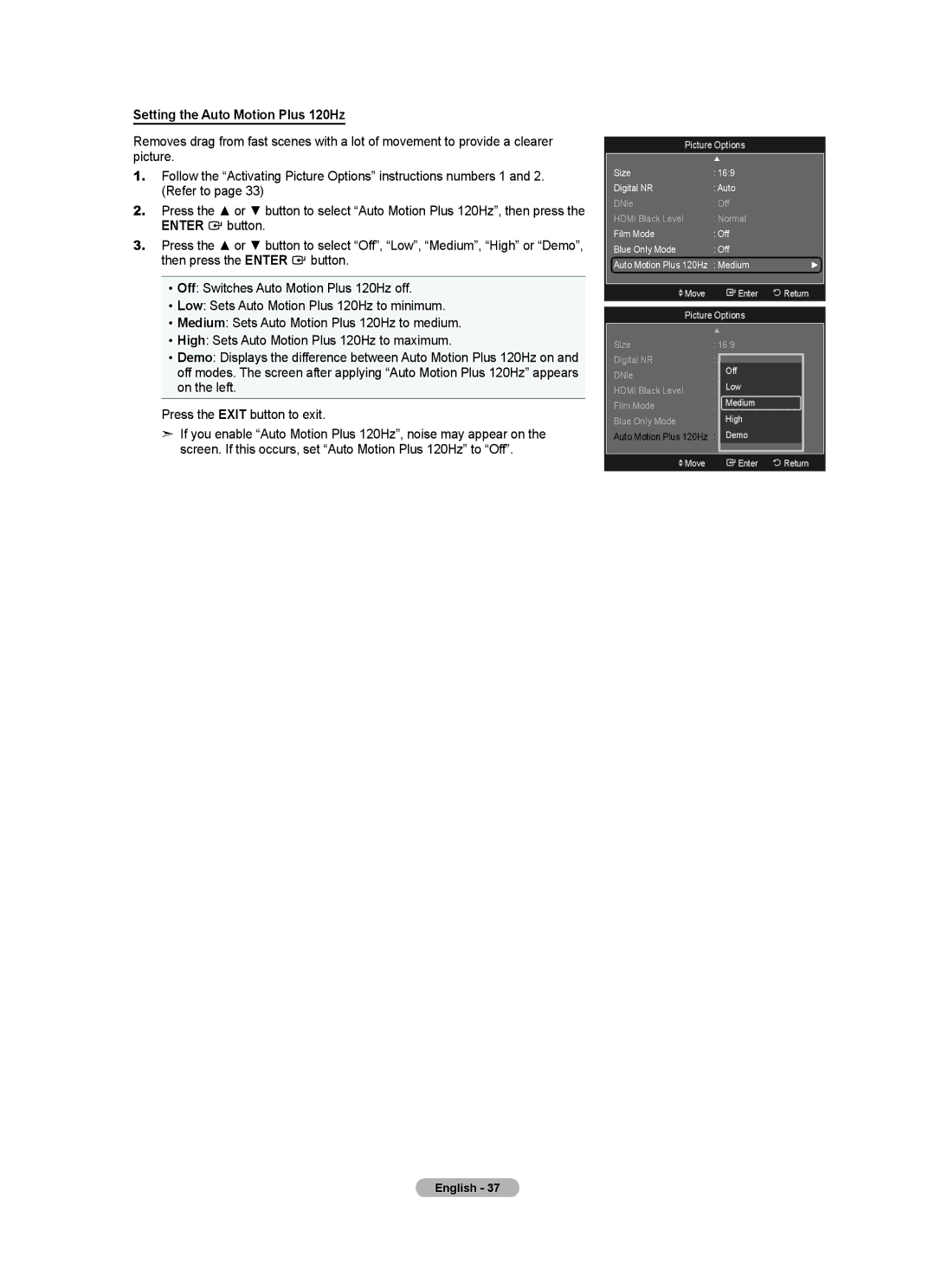 Samsung BN68-01691A-02 user manual Setting the Auto Motion Plus 120Hz 