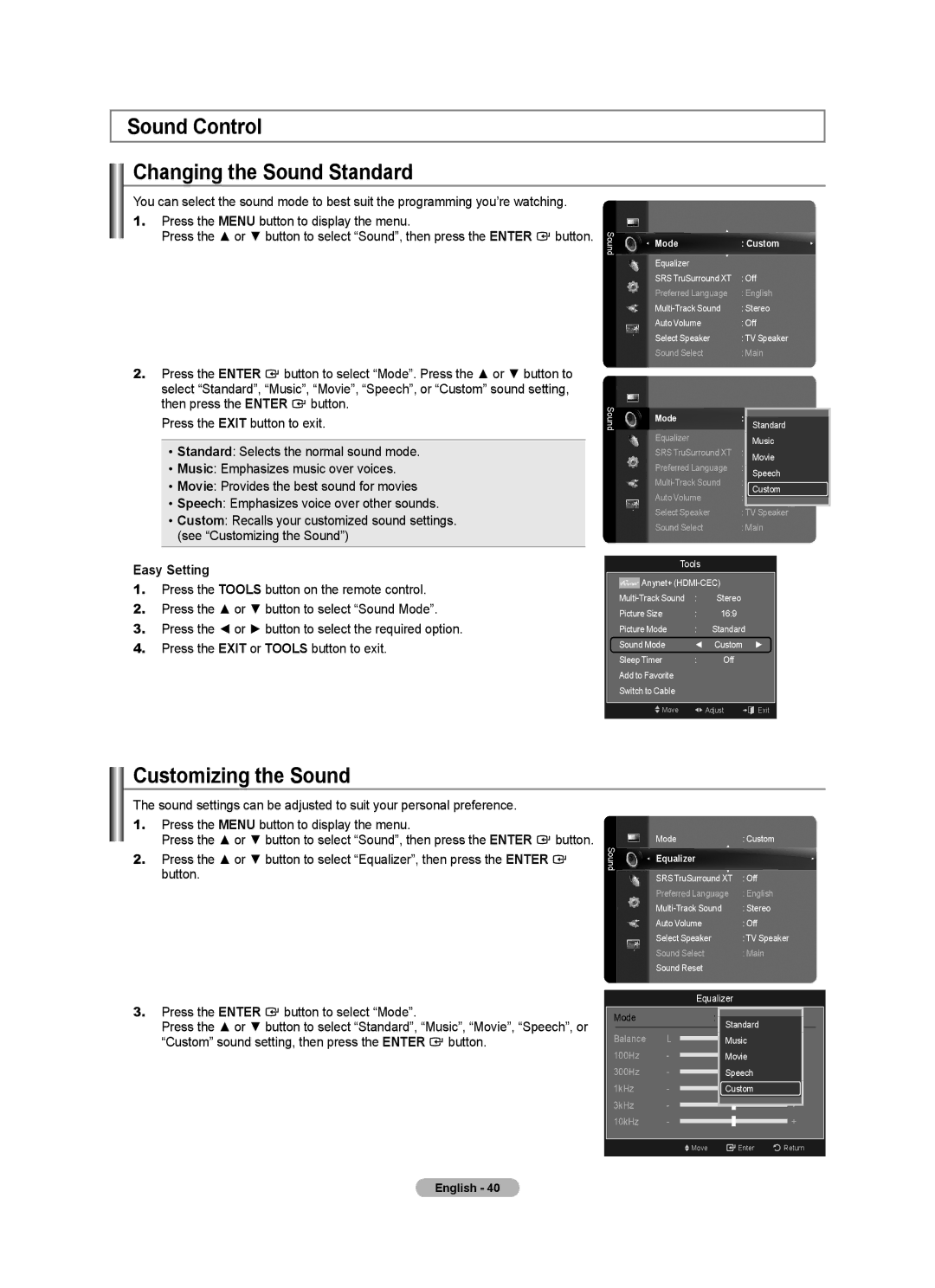 Samsung BN68-01691A-02 user manual Sound Control Changing the Sound Standard, Customizing the Sound 