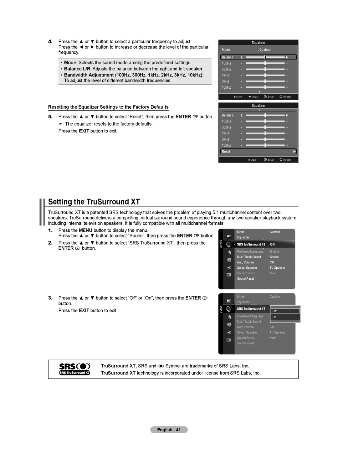 Samsung BN68-01691A-02 user manual Setting the TruSurround XT, Off 