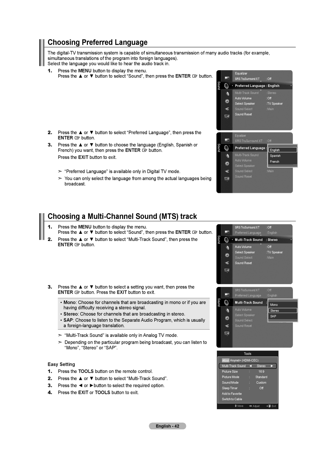 Samsung BN68-01691A-02 Choosing Preferred Language, Choosing a Multi-Channel Sound MTS track, Preferred Language English 