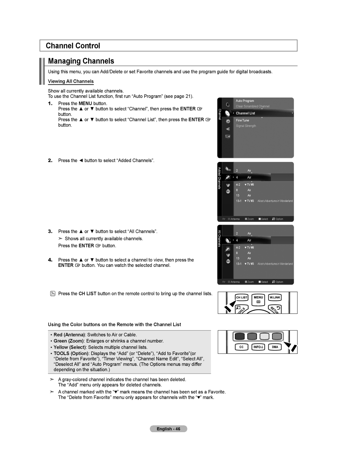 Samsung BN68-01691A-02 Channel Control Managing Channels, Viewing All Channels, Press the button to select Added Channels 